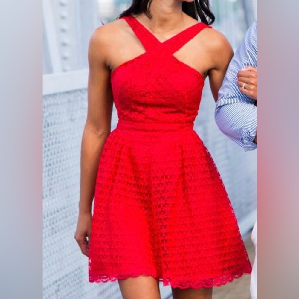 Red, crossover fit to flare dress